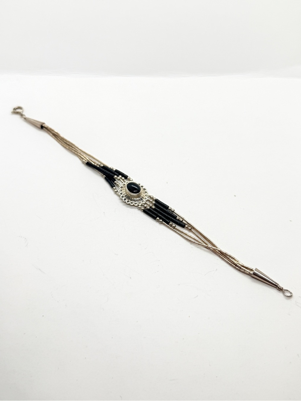 Vintage Native American Style Liquid Sterling Silver Strands Onyx Bracelet‎ 7.5”